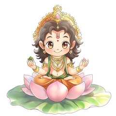 Canvas Print - Cute Cartoon Illustration of the Hindu God Vishnu Sitting on a Lotus Flower.