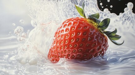 Poster - A Single Strawberry Plunged into a Splash of Milk