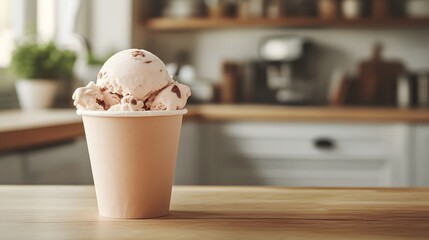 Ice cream paper cup, rustic and textured with handmade details, soft morning light, blurred background of a country kitchen, warm and cozy shadows, the ice cream rich and creamy, comforting and