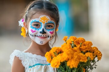 A young girl with a decorated face holds a bouquet of marigolds, celebrating a cultural tradition.