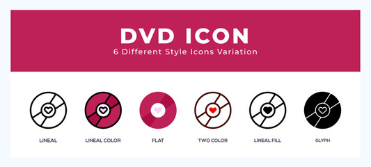 Wall Mural - Dvd icon set with different styles. Icons designed in filled. outline. flat. glyph and line colored.