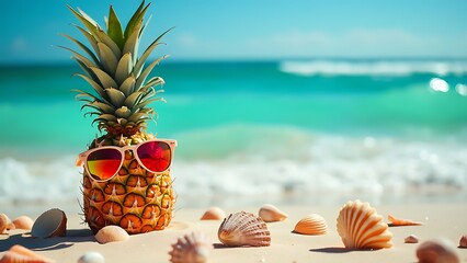 pineapple and beach Playful pineapple in sunglasses on a sunny beach day, with a serene ocean view in the background.