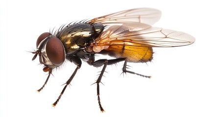 Close-up of a fly showcasing its detailed features and anatomy.