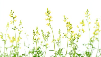 A field of delicate yellow flowers against a bright white background.