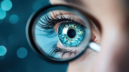 A close up of an eye looking through a magnifying glass, focusing on a intricate detail.