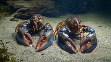 Two lobsters face each other on the sandy bottom of an aquarium.