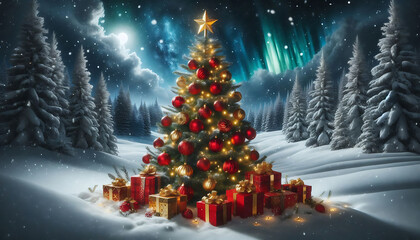 Wall Mural - A beautifully decorated christmas tree adorned with red and gold ornaments and topped with a bright star stands in a snowy landscape