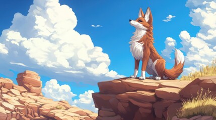 Canvas Print - A cartoon fox sitting on top of a rock looking up, AI