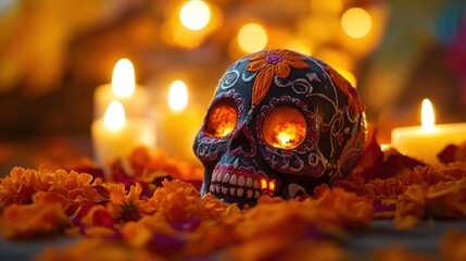 A decorated skull surrounded by marigold petals and candles, symbolizing D?a de los Muertos.