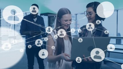 Poster - Animation of network of connections with people icons over diverse business people in office