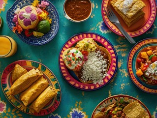 Canvas Print - A vibrant spread of colorful Mexican dishes on a decorative table.