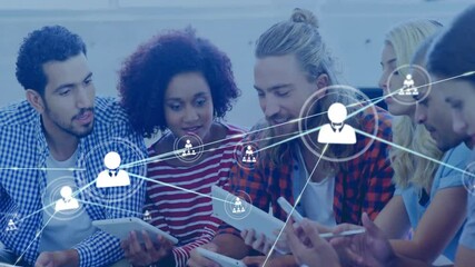 Poster - Animation of network of connections with people icons over diverse business people in office