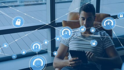 Poster - Animation of network of connections with icons over biracial businessman in office