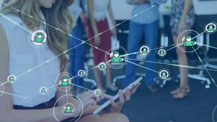 Poster - Animation of network of connections with people icons over diverse business people in office