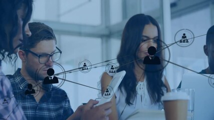 Poster - Animation of network of connections with people icons over diverse business people in office