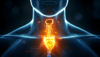 Wall Mural - Glowing, detailed view of a human's upper body focusing on the thyroid gland,