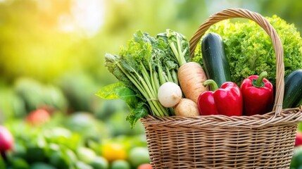 Poster - A basket filled with vegetables on a table in front of green grass, AI