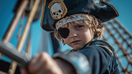 Wall Mural - A young boy dressed as a pirate, wielding a sword on a ship, embodying adventure and imagination.