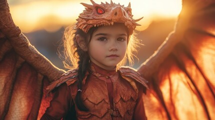 Wall Mural - A young girl dressed in a dragon costume against a sunset backdrop.