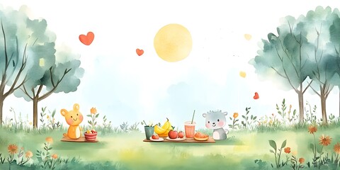 Minimalist Watercolor Picnic Scene with Adorable Animals Enjoying Sunny Outdoor Gathering