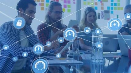 Poster - Animation of network of connections with icons over diverse business people in office