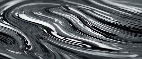 Wall Mural - Liquid metal chrome silver steel abstract dark background. Techno header flowing design concept. Ripple and swirl on wavy metallic surface.	