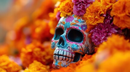 a vibrant sugar skull adorned with colorful flowers, symbolizing d?a de los muertos.