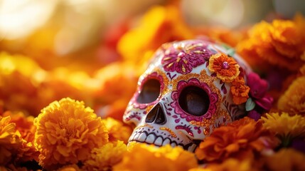 A colorful sugar skull surrounded by vibrant marigold flowers, symbolizing D?a de los Muertos.