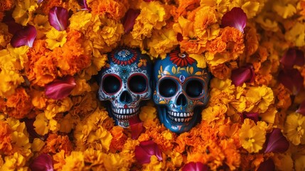 Two decorative skulls surrounded by vibrant marigold flowers for a festive celebration.