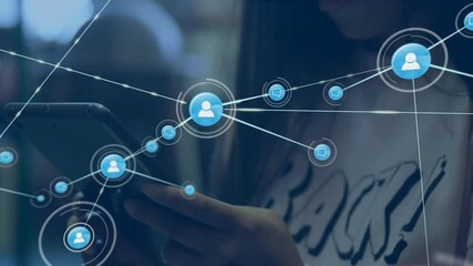 Poster - Animation of network of connections with people icons over biracial businesswoman in office