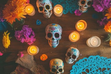 Wall Mural - Colorful decorative skulls and candles surrounded by flowers for a festive celebration.