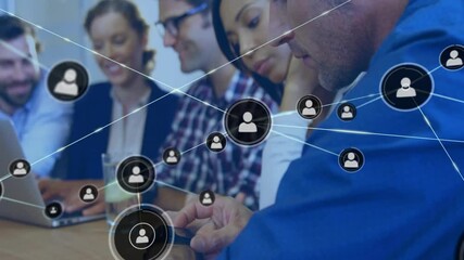 Poster - Animation of network of connections with people icons over diverse business people in office
