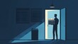 © TawaUStock - Icon figure, standing in front of a closed office door holding a box, overhead lighting with sharp shadows, muted blues and grays, clean and simple lines, the figure s posture slouched in