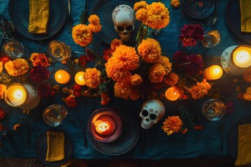 Wall Mural - A vibrant table setting adorned with marigolds, skulls, and candles for a festive occasion.