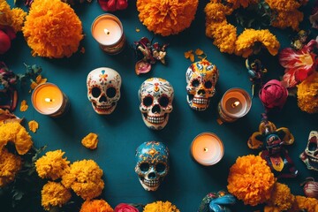 Wall Mural - Colorful Day of the Dead altar featuring decorated skulls, marigolds, and candles.