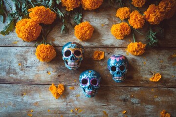 Colorful sugar skulls surrounded by marigold flowers on a wooden surface.