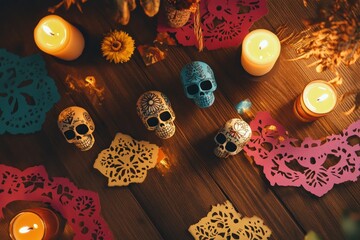 Wall Mural - Colorful skulls and candles arranged for a festive celebration.