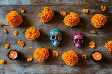 Wall Mural - Colorful skulls and marigold flowers arranged for a festive celebration.