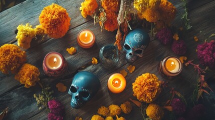 Wall Mural - A colorful altar featuring skulls, candles, and marigold flowers for a celebration.