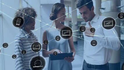 Poster - Animation of network of connections with device icons over diverse business people in office