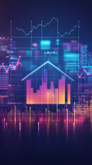 Poster - A colorful cityscape with a house in the middle. The house is surrounded by a series of colorful lines and shapes, which represent the city's skyline. Scene is vibrant and energetic
