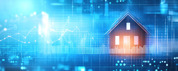 Poster - A house is shown in a blue background with a lot of numbers and lines. The house is lit up with an orange glow, giving it a warm and inviting feel