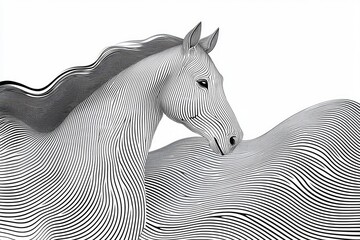 Poster - A stunning abstract illustration of a horse, featuring intricate line patterns in black and white, conveying elegance and motion.