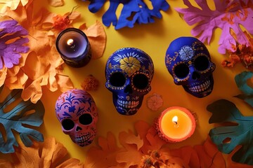 Wall Mural - Colorful Day of the Dead skulls and candles on a vibrant backdrop.