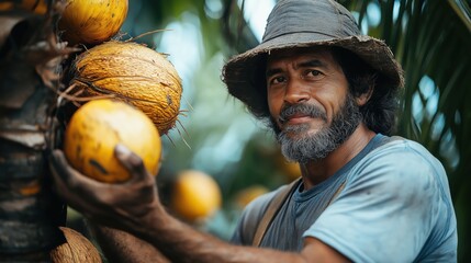 A farmer harvests a c green coconut from a palm tree