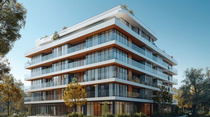 Poster - An apartment building with a white facade, glass and wood elements, balconies on the first floor for shops, modern architecture, a city center location. Generative AI.