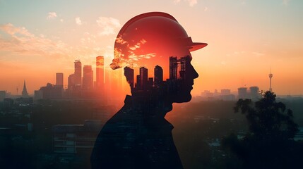 Poster - silhouette of an engineer wearing a safety helmet overlooking a vibrant cityscape with skyscrapers a