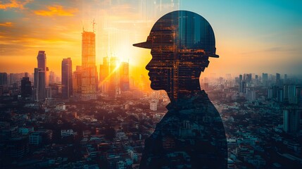 Poster - silhouette of a construction worker wearing a hardhat overlooking the vibrant urban skyline with sky
