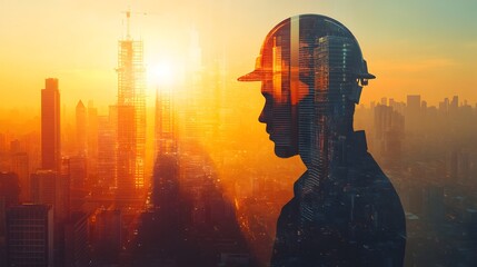 Poster - silhouetted construction worker standing in the foreground against a dramatic urban skyline at sunse