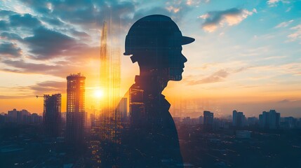 Poster - a silhouetted figure wearing a hardhat stands against the backdrop of a modern city skyline,with sky